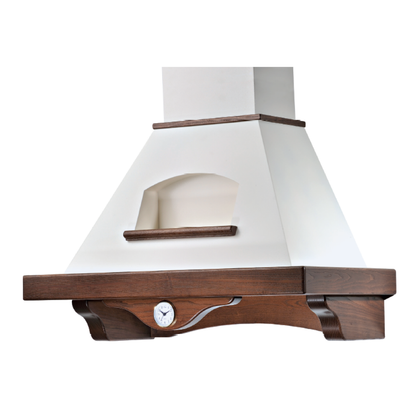 AIDA white rustic kitchen hood with tobacco colored wooden frame with 90 cm clock