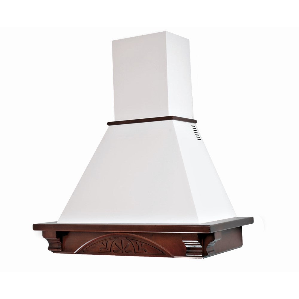 Campana de cocina rústica DOLCE VITA blanca con estructura de madera con incrustaciones color tabaco 120 cm