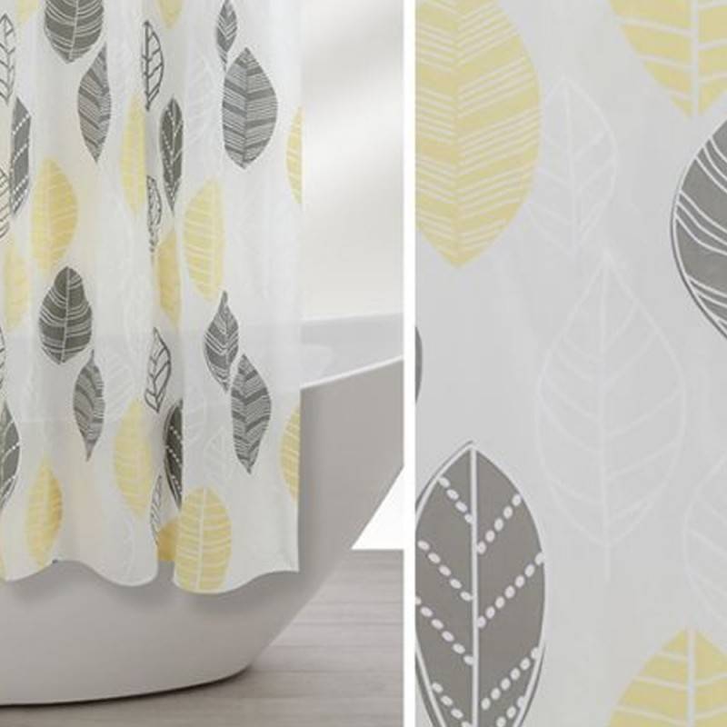 Shower curtain with gray and yellow leaves pattern, 240 x 200
