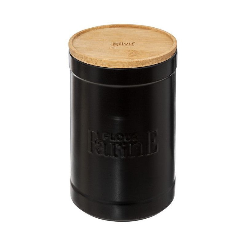 Tarro de harina negro con tapa de bambú.