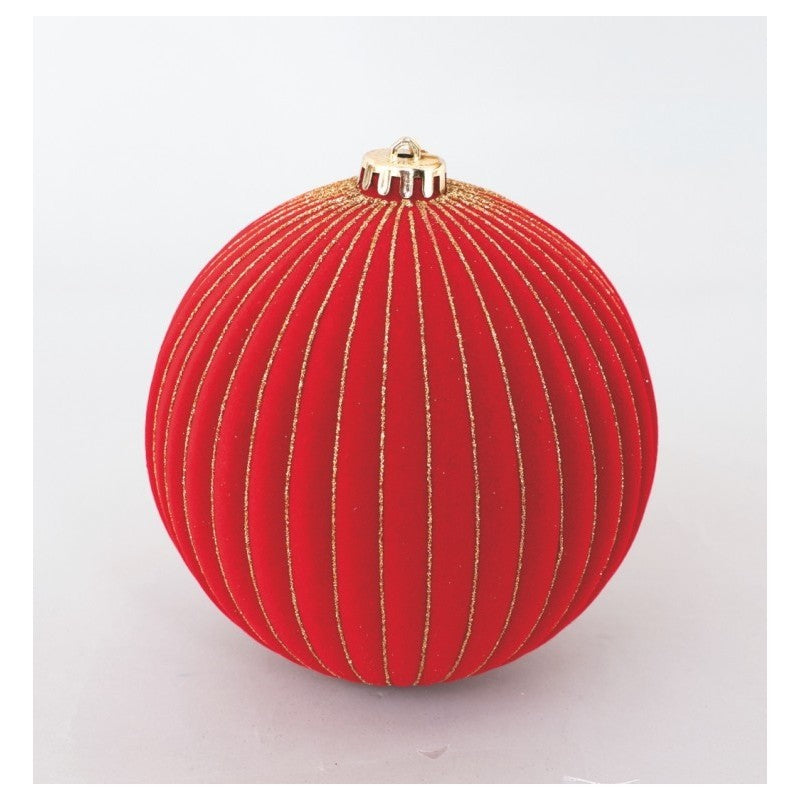 Sfera natalizia in velluto rosso con righe oro Ø20 cm
