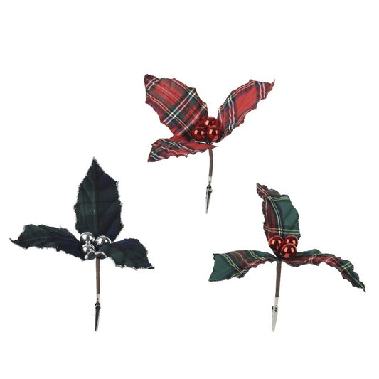 Decorazione natalizia agrifoglio in velluto con clip H6 cm colori assortiti