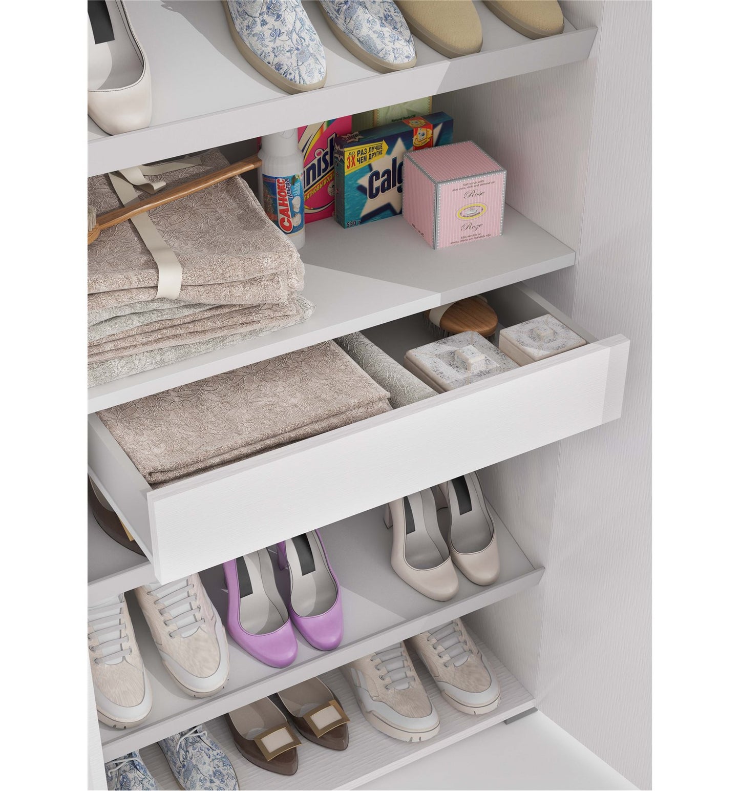 Armario multiusos de 2 puertas, 1 cajón y 6 baldas interiores, puertas de olmo blanco.