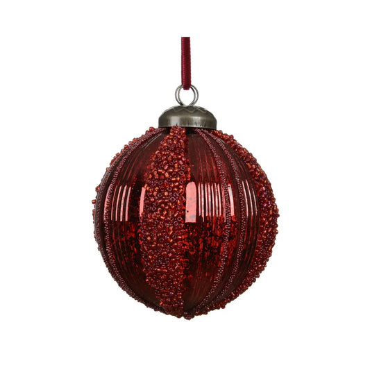 Sfera natalizia in polistirolo rosso scuro con perline e strisce Ø8 cm