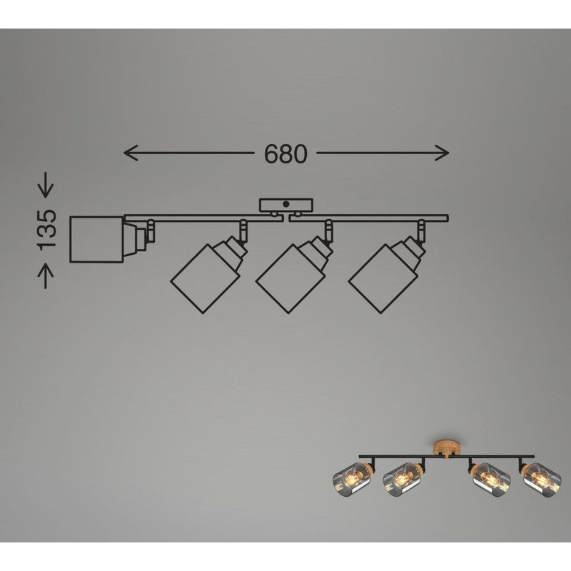 Briloner Hema bar 4xe27 black wood in smoke glass