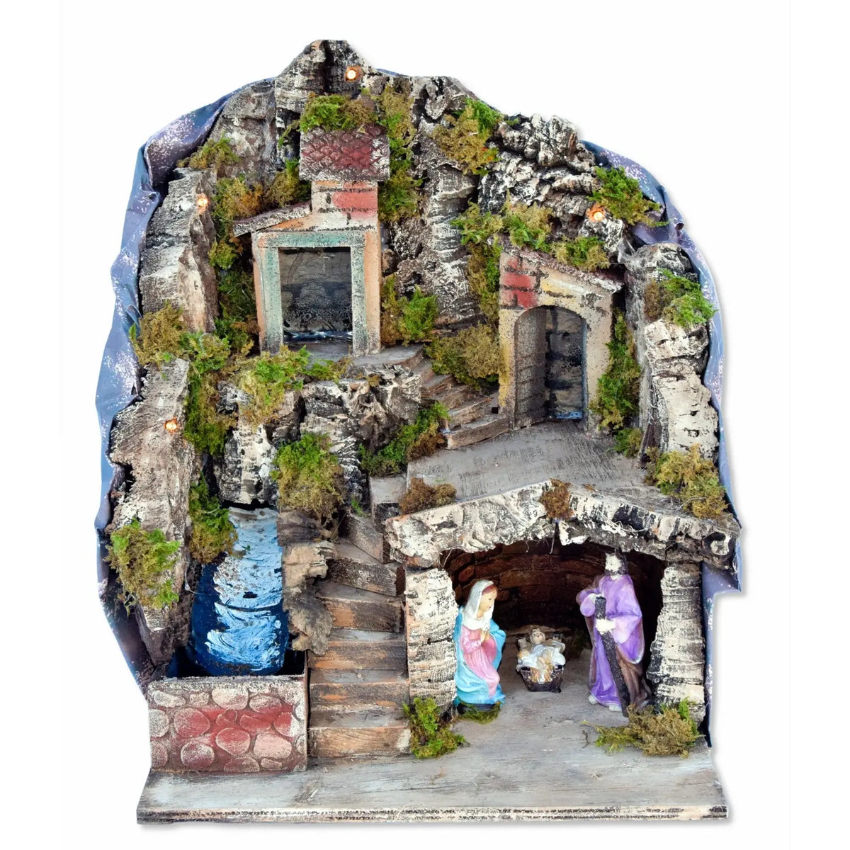 Presepe con luci, cascata funzionante e Natività H10 cm 33 × 27 × H40 cm