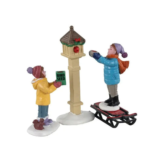 Set 3 statuette Lemax bambini con mangiatoia per uccellini 10,9 × 3,3 × H7,2 cm