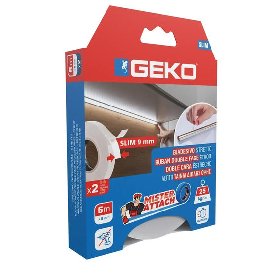 Schlankes doppelseitiges Klebeband, 9 mm x 5 m, weiße Acrylpackung. 2 Stück