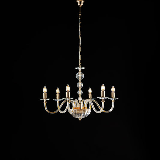 Lampadario oro con vetro, 6 luci – Cristallo cilindrico, Ø77 H.56-116