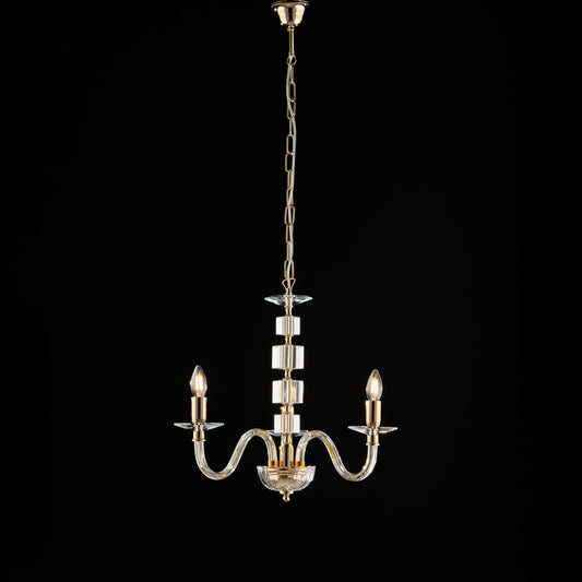 Lampadario in oro con vetro trasparente e strass 3 luci H.50 - MAX 110 - Ø43