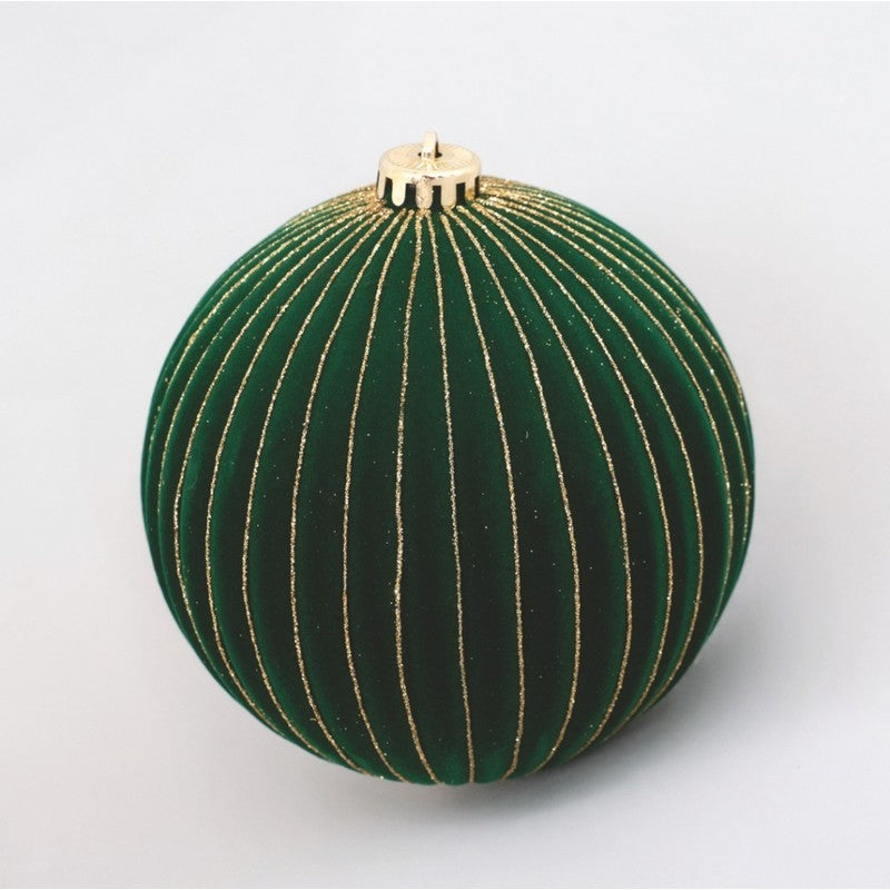 Sfera natalizia in velluto verde scuro con righe oro Ø15 cm