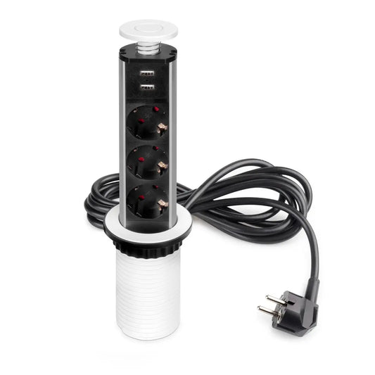 Vertikal extractable power strip, 3 Schuko sockets, 2 USB type A, Technological plastic and aluminium, White painted