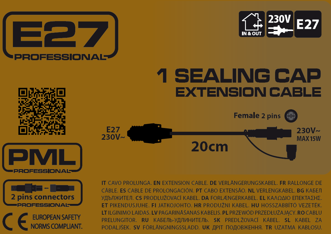 Connettore E27 20cm 1 uscita max 15W – Corpo nero