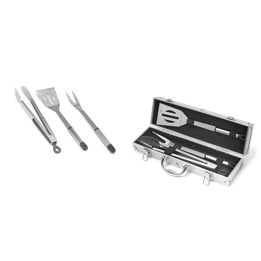 Set barbacoa de 3 piezas de acero inoxidable con maletín de aluminio de 34 cm.