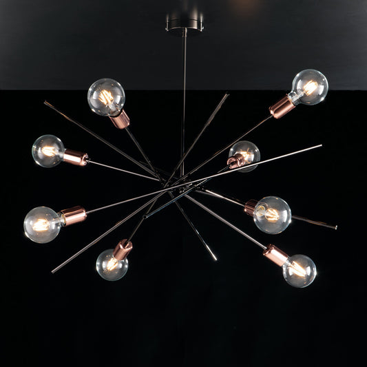 Plafoniera ferro cromo nero e rame 8 luci H.62 - Ø82