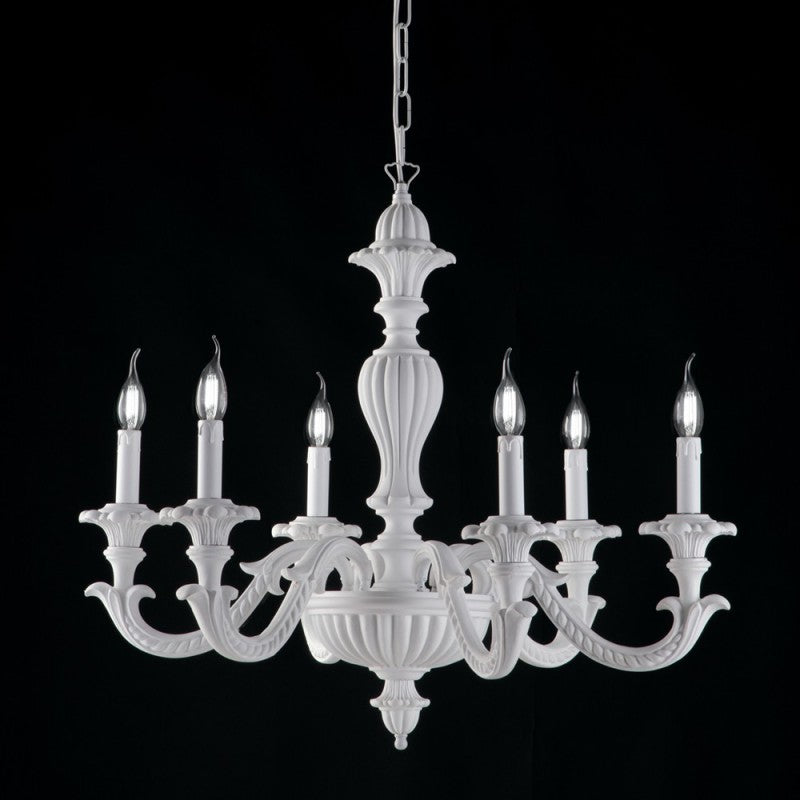 Lampadario in legno e pasta di legno bianco shabby 6 luci