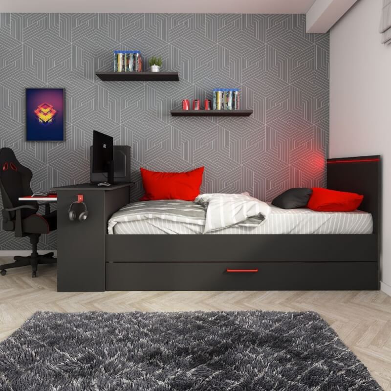 5040 dormitorio con cama individual con cama nido y escritorio incorporado en antracita y rojo reversible