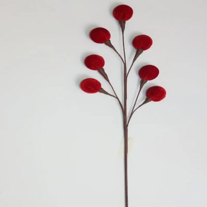 Stelo decorativo con grandi bacche rosse in velluto H58 cm