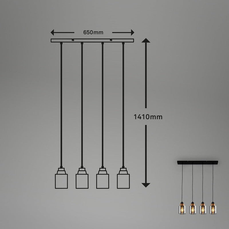 Briloner suspension Royk 4xe27 65 cm black smoke glass 65 x 9.5 x 120 cm