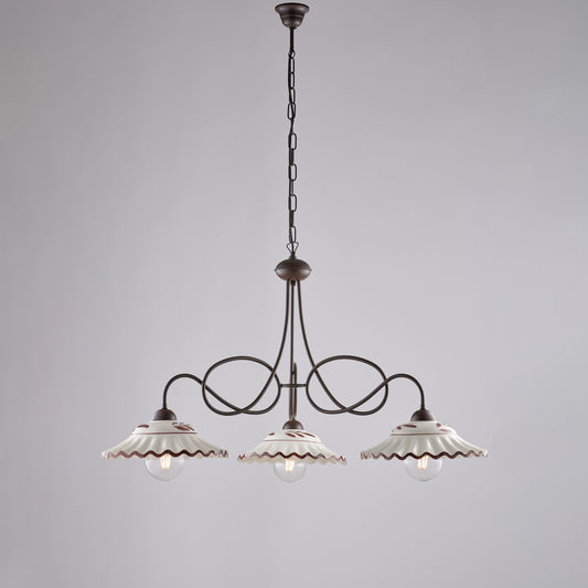 Lampadario nero ruggine, ceramica bianco marrone, 3 luci, Ø80 cm