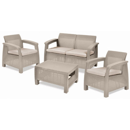 Coufù lounge de jardín Keter en ratán capuchino con sofá, 2 sillones y mesa de centro