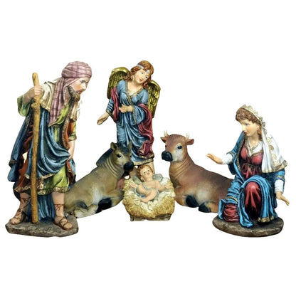 Set Natività con angelo in resina multicolor e oro H52 cm 6 pezzi