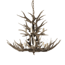 Design-Hängelampe aus Geweih mit 12 geschnitzten Holzlampen