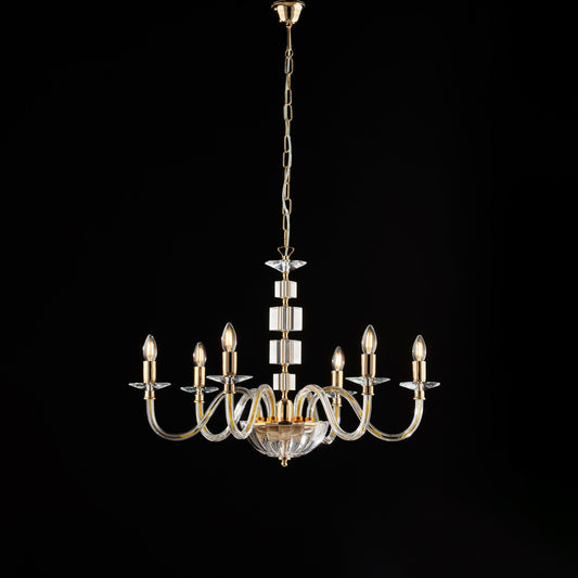 Lampadario oro con vetro, 6 luci – Cristallo sferico, Ø77 H.56-116
