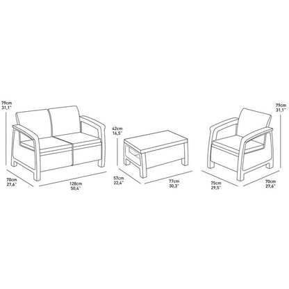 Coufù lounge de jardín Keter en ratán capuchino con sofá, 2 sillones y mesa de centro