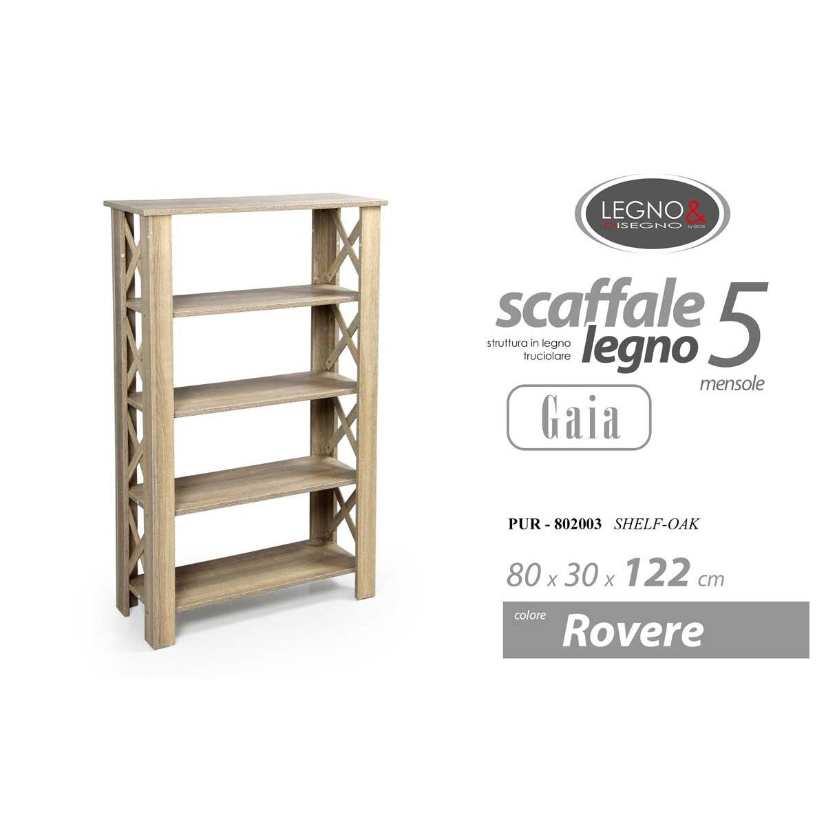 Scaffale 4 ripiani rovere cm  80x30x122 h