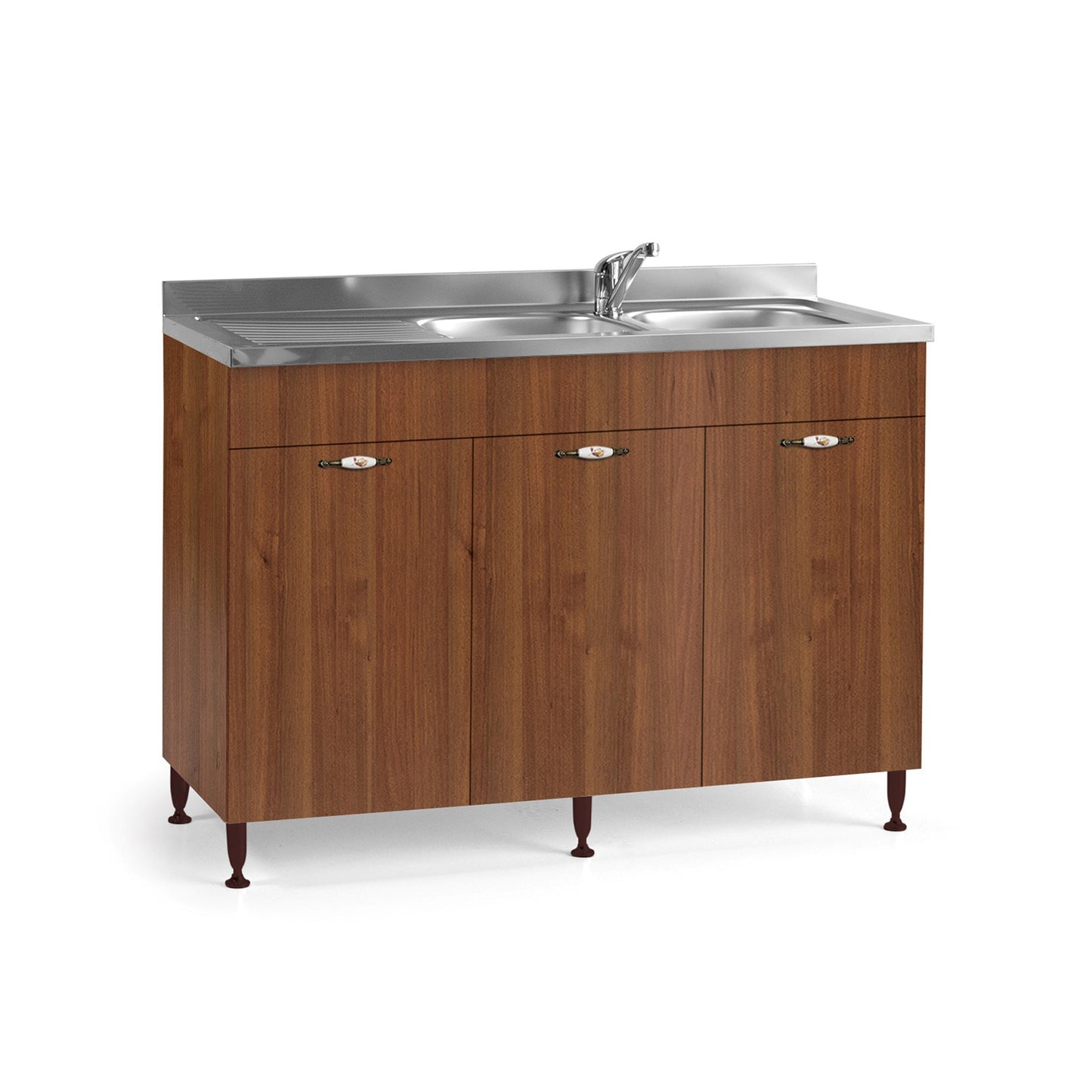 Sink Base Cabinet, antique walnut, 3 reversible doors, 120x50xH 85 cm