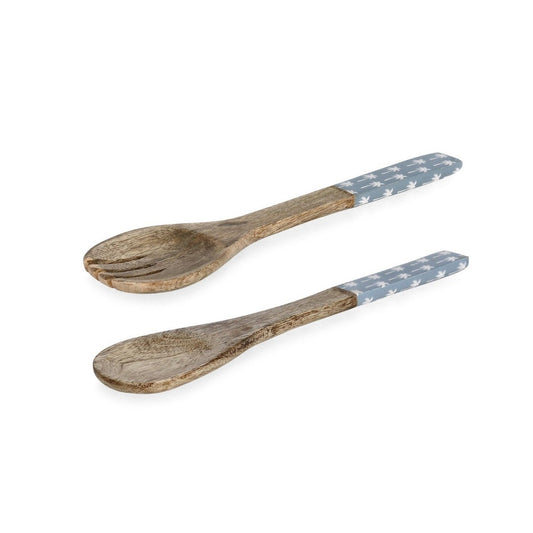 Bizzotto set 2 posate insalata bizzotto Keran azzurre con decoro palme in legno di mango