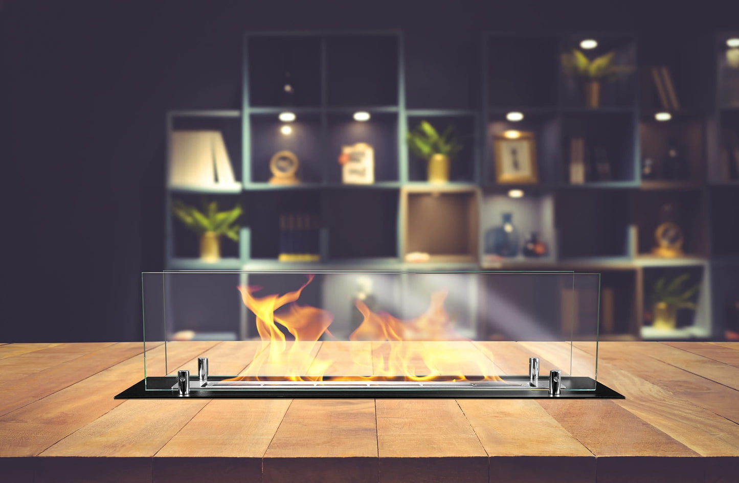 Bruciatore per camino a bioetanolo in acciaio con vetri da 65 cm